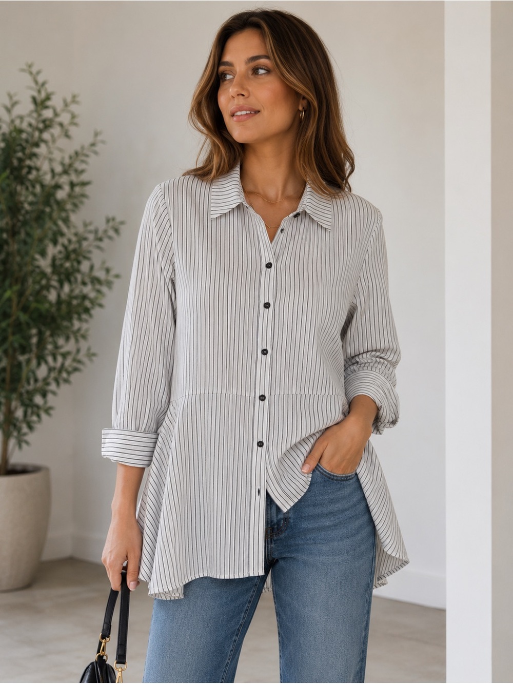 Beau Jours Striped Cotton Blend Long Sleeves Hi-Low Hem Tunic Top Size S